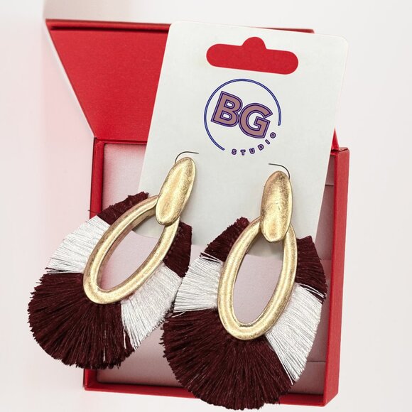 Crimson Red & White Alabama Gameday Gold Dipped Fringed Boho Earrings - Picture 2 of 4